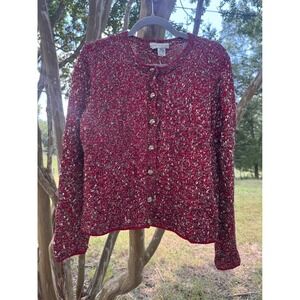 Emma Caruso Vintage 1980s Knit Cardigan Sweater Size Medium‎ Red Black Tan Warm